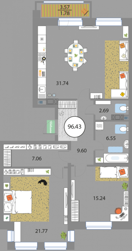 2 комн. квартира, 96.4 м², 3 этаж 