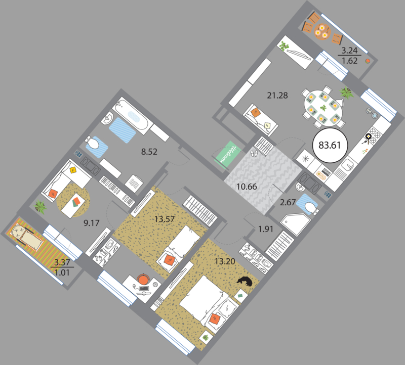 3 комн. квартира, 83.6 м², 9 этаж 