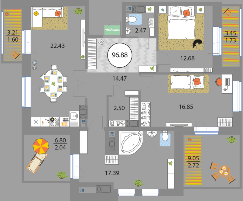 2 комн. квартира, 96.9 м², 11 этаж 