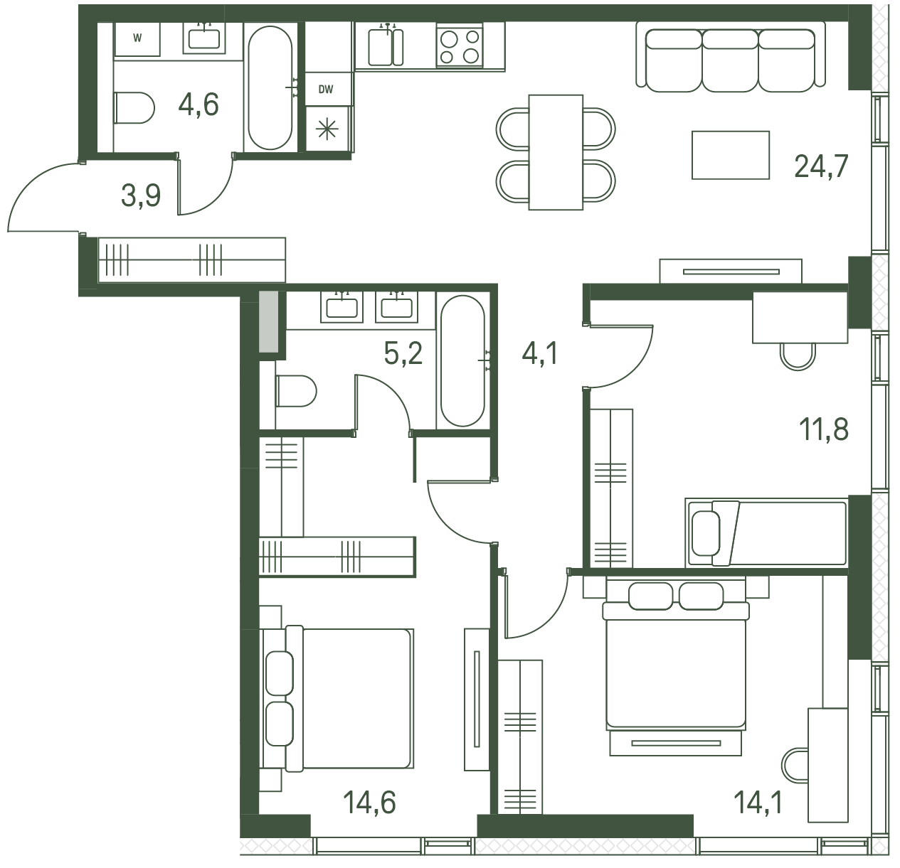 3 комн. квартира, 83 м², 28 этаж 
