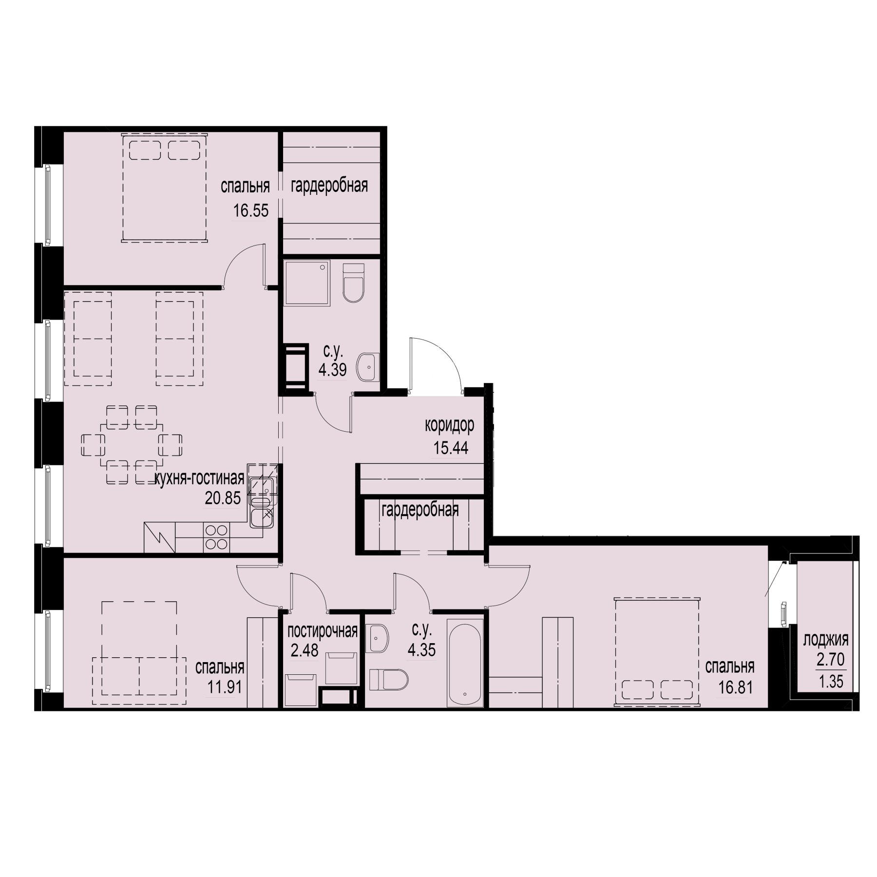 3 комн. квартира, 94.1 м², 6 этаж 