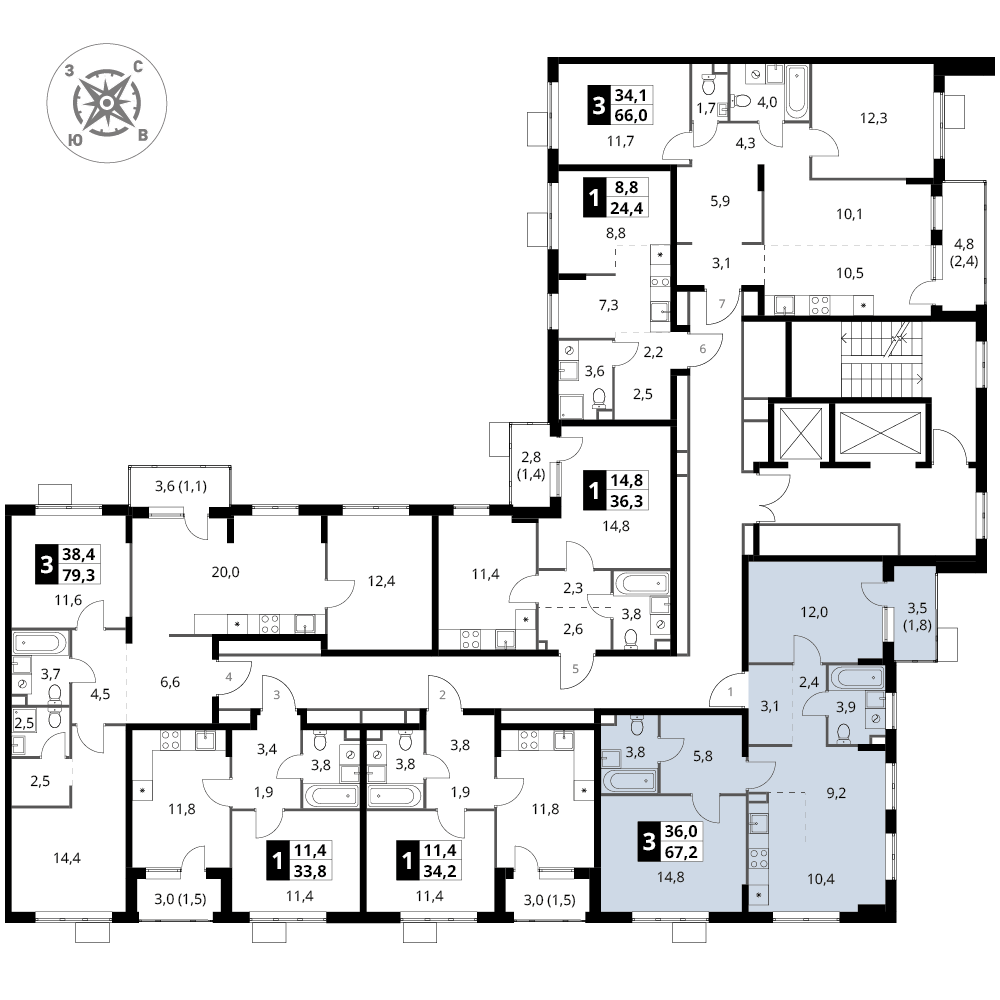3 комн. квартира, 67.2 м², 4 этаж 