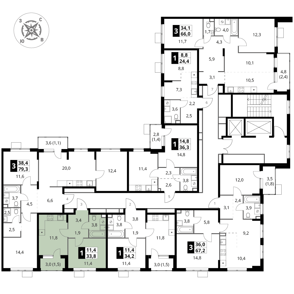 1 комн. квартира, 33.8 м², 8 этаж 