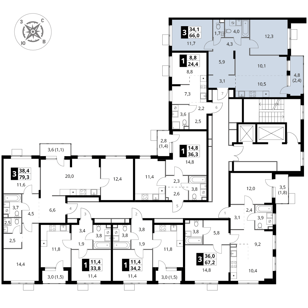 3 комн. квартира, 66 м², 8 этаж 