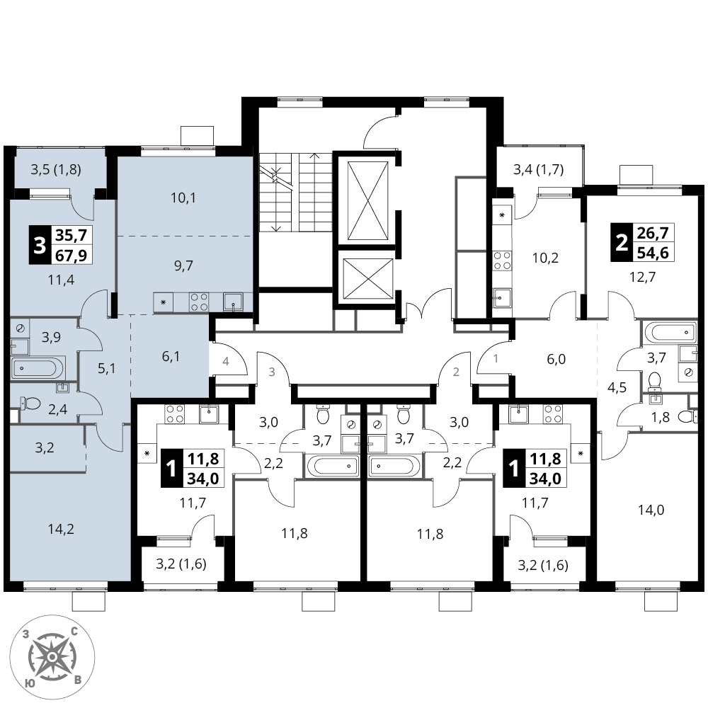 3 комн. квартира, 67.9 м², 3 этаж 