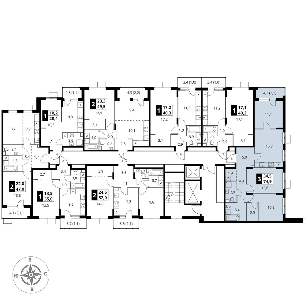 3 комн. квартира, 74.9 м², 2 этаж 