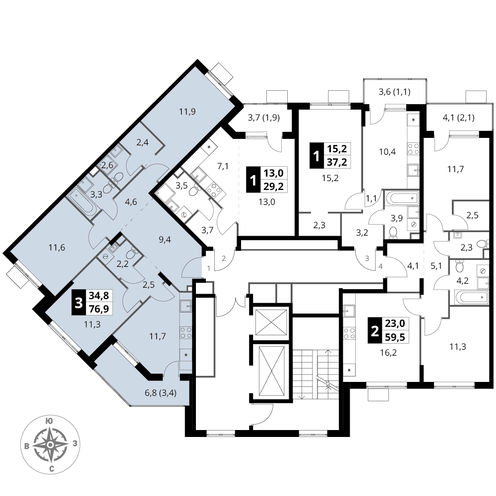 3 комн. квартира, 76.9 м², 13 этаж 