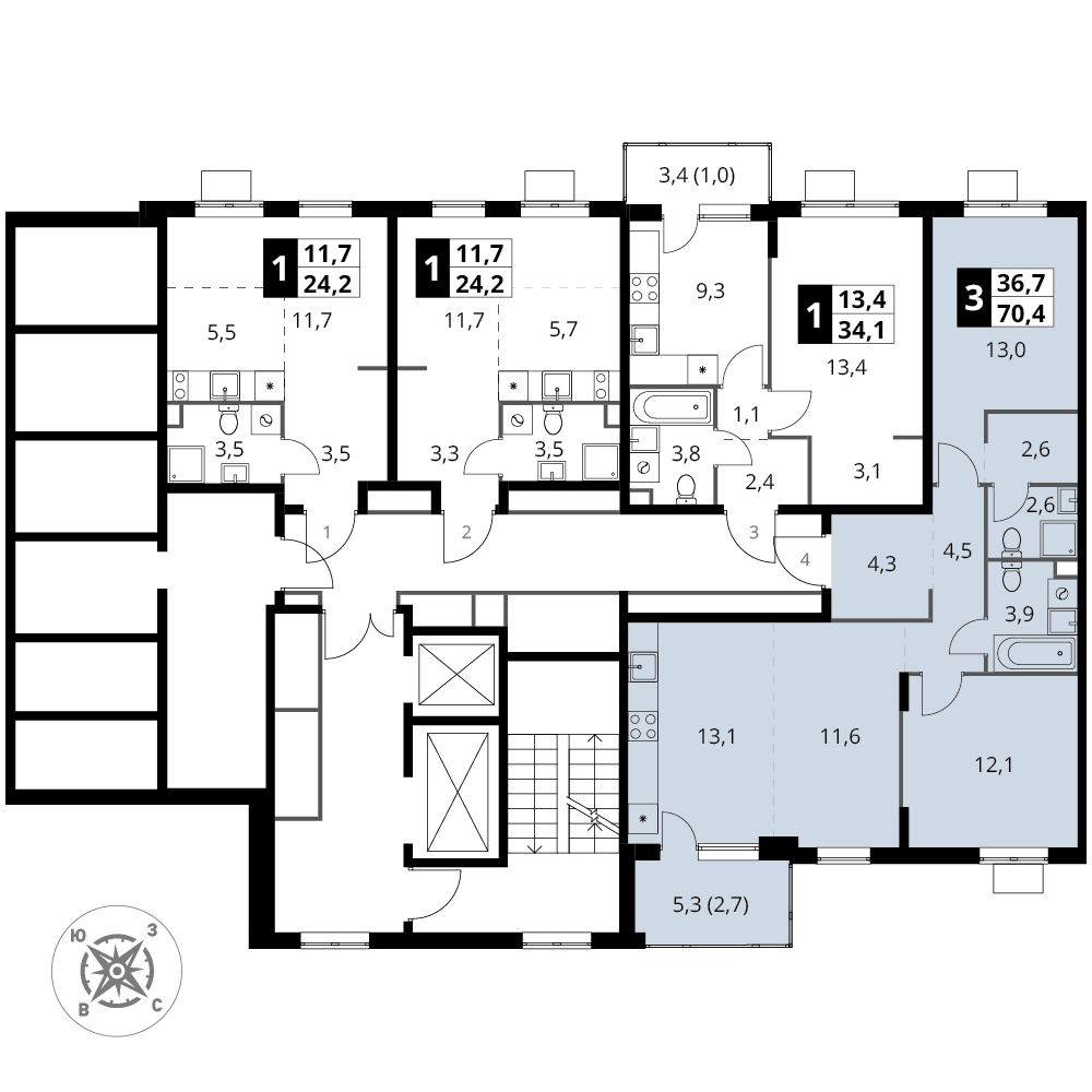 3 комн. квартира, 70.4 м², 2 этаж 