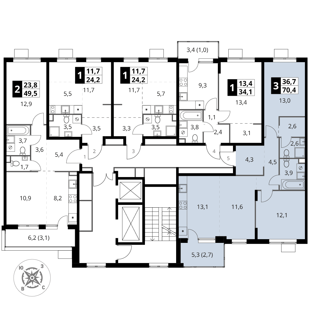 3 комн. квартира, 70.4 м², 3 этаж 