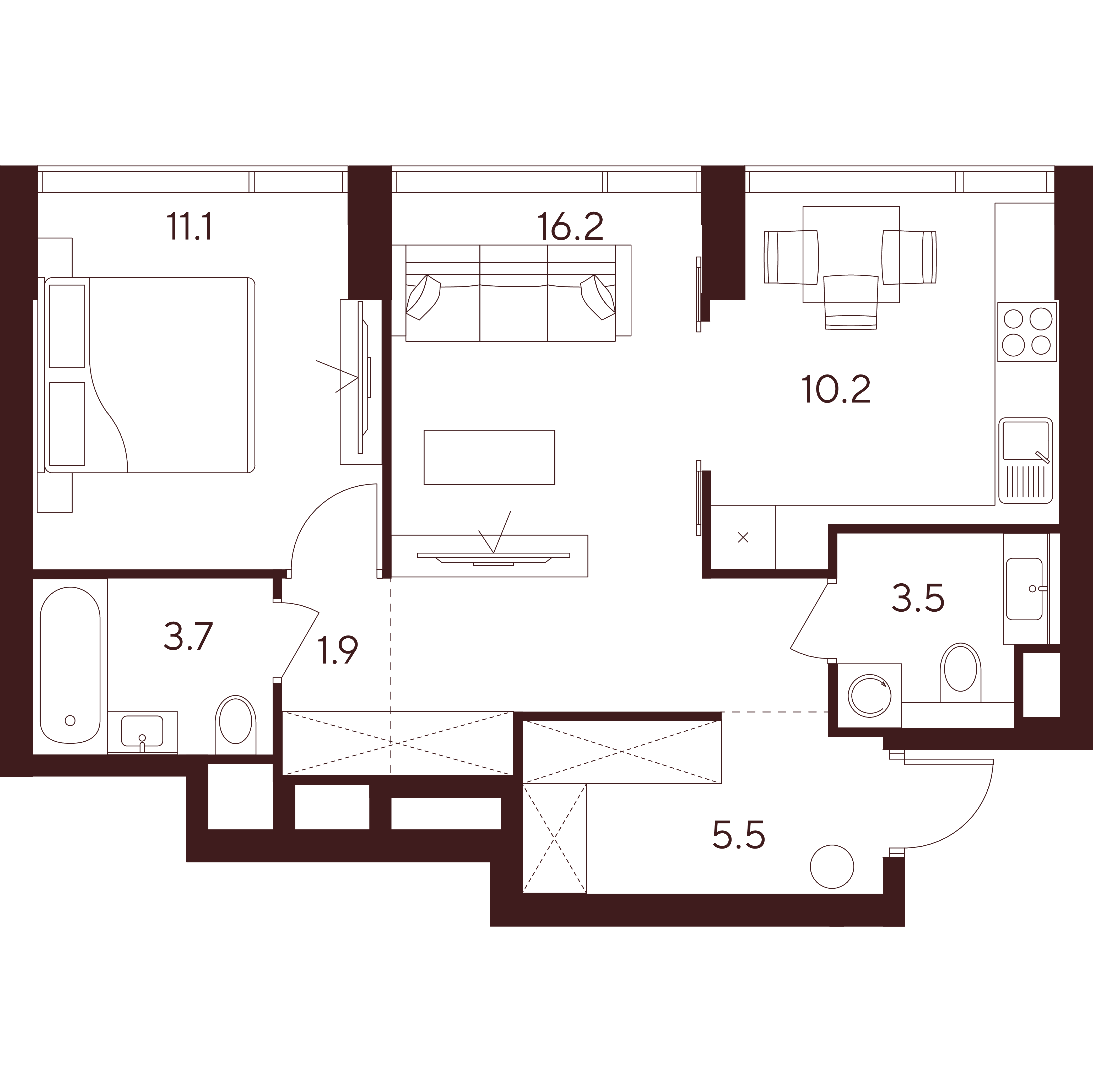 2 комн. квартира, 52.1 м², 8 этаж 