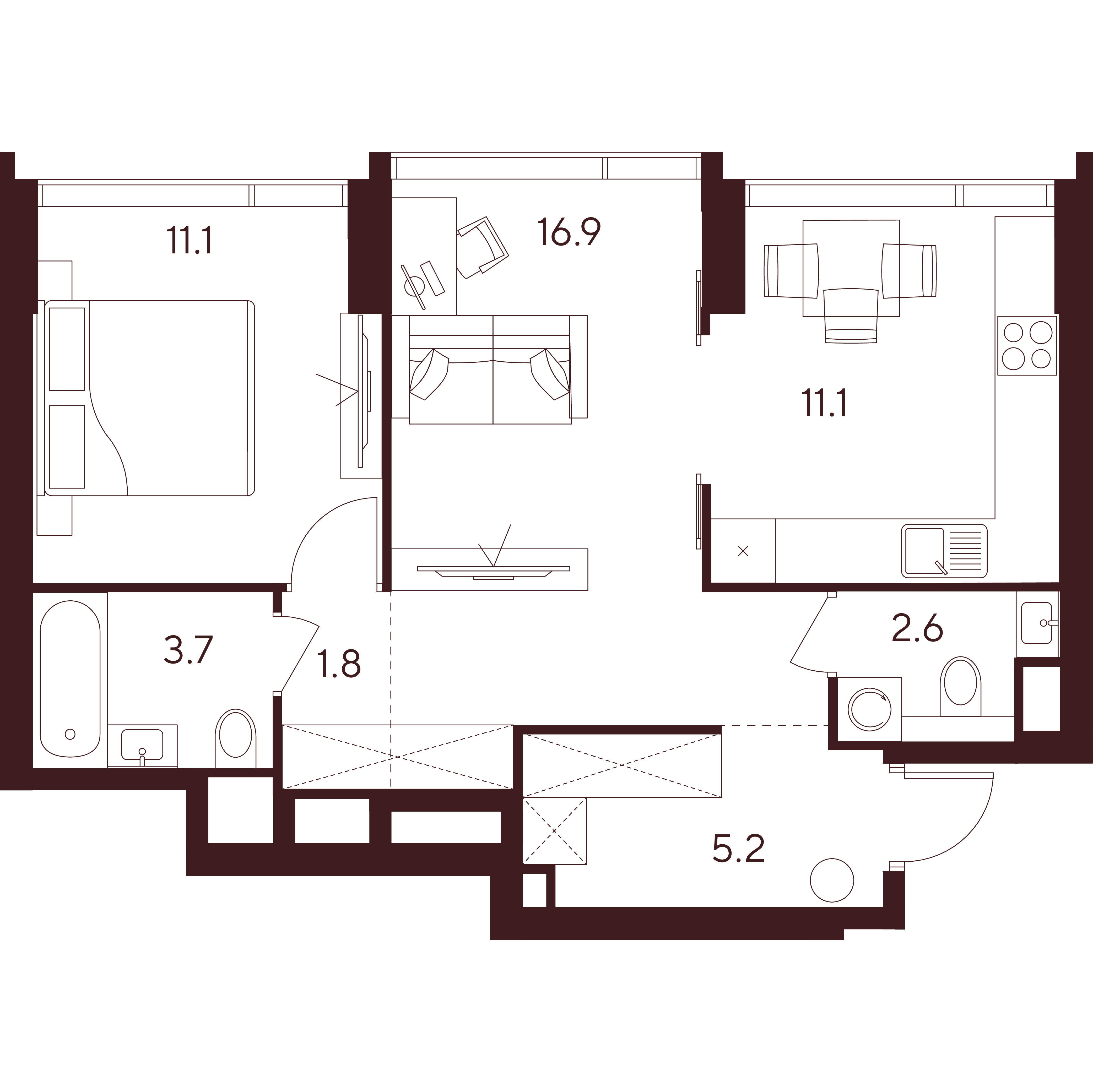2 комн. квартира, 52.4 м², 20 этаж 