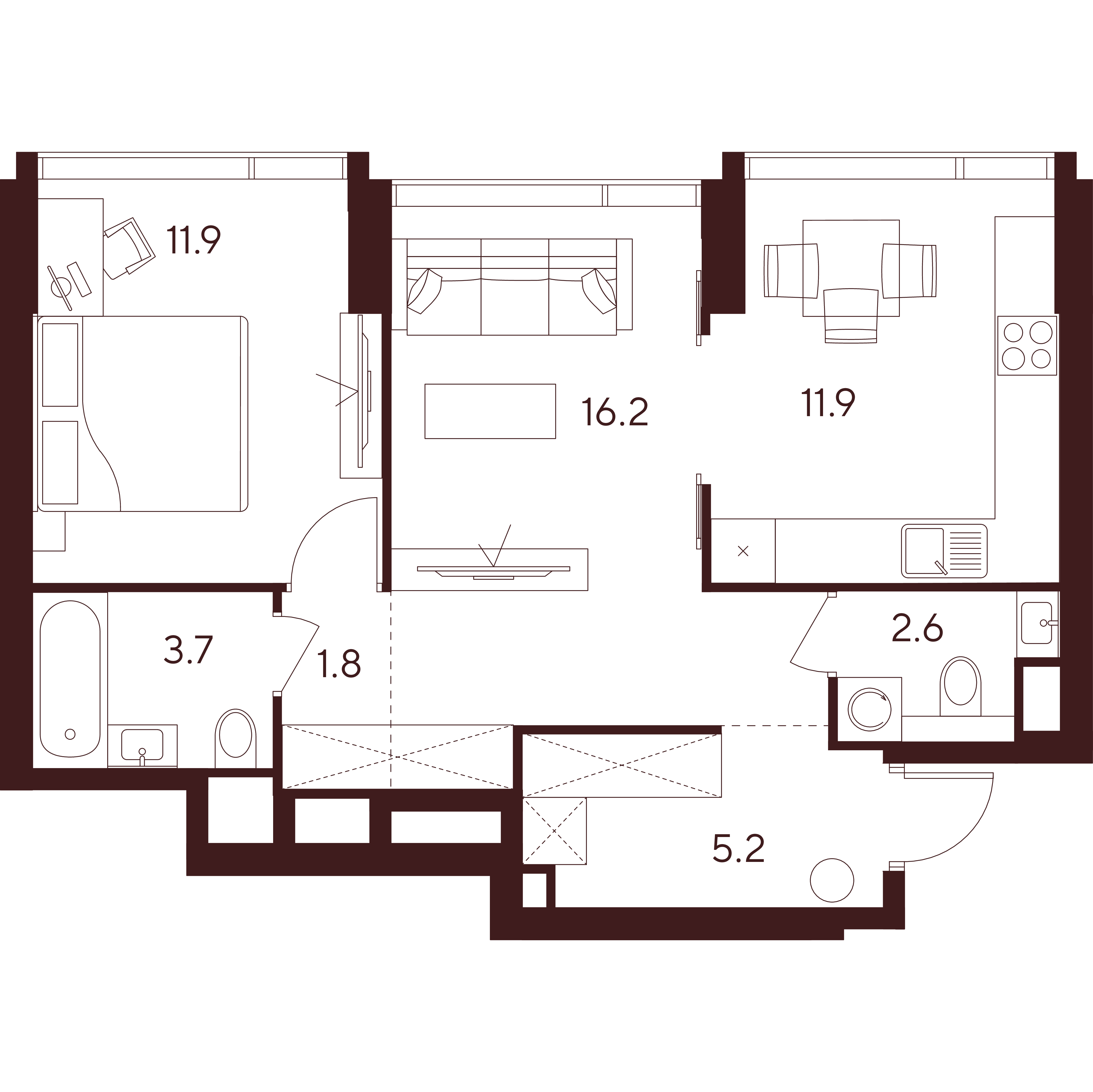 2 комн. квартира, 53.3 м², 17 этаж 