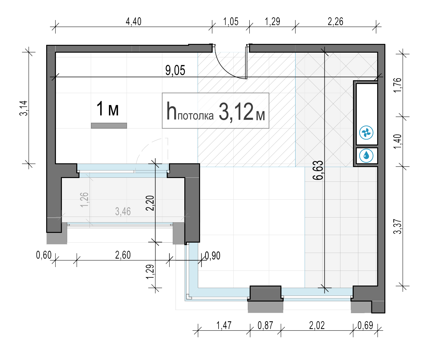 2 комн. квартира, 46.5 м², 20 этаж 