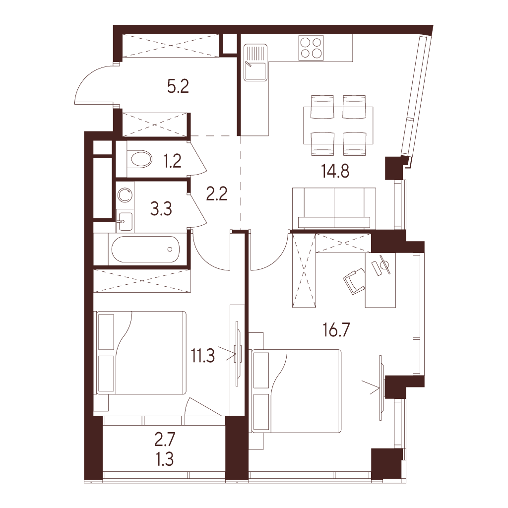 2 комн. квартира, 56 м², 21 этаж 