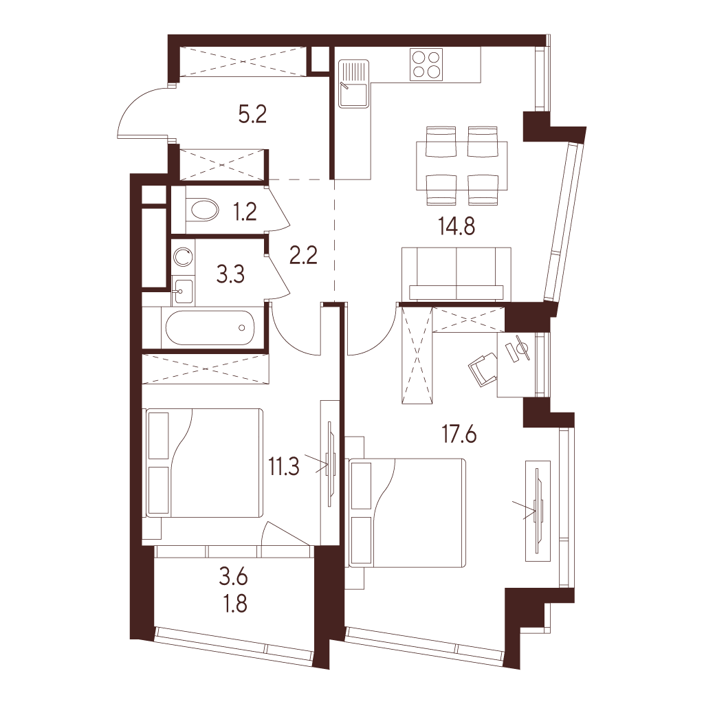 2 комн. квартира, 57.4 м², 18 этаж 