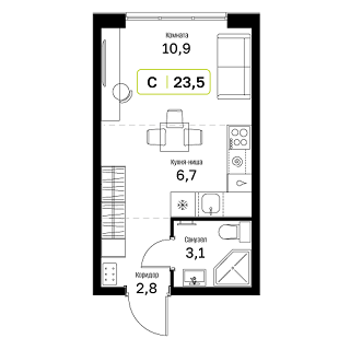 студия, 23.5 м², 5 этаж 