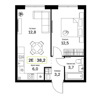 1 комн. квартира, 38.2 м², 6 этаж 