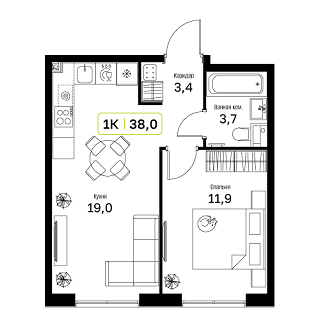 1 комн. квартира, 38 м², 4 этаж 