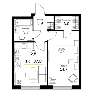 1 комн. квартира, 37.8 м², 7 этаж 