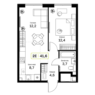 1 комн. квартира, 41.6 м², 9 этаж 