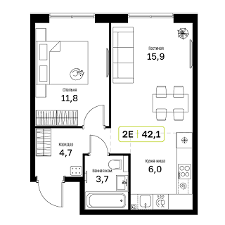 1 комн. квартира, 42.1 м², 9 этаж 