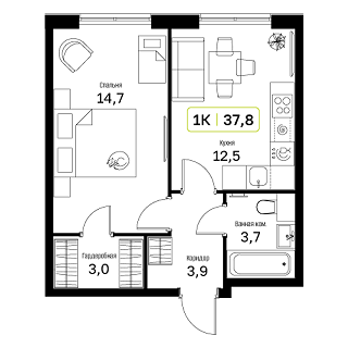 1 комн. квартира, 37.8 м², 3 этаж 