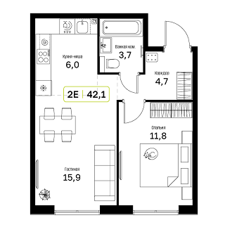 1 комн. квартира, 42.1 м², 2 этаж 