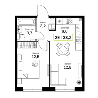 1 комн. квартира, 38.2 м², 4 этаж 
