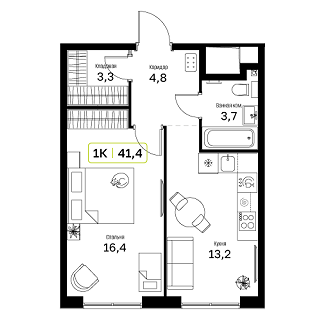 1 комн. квартира, 41.4 м², 4 этаж 