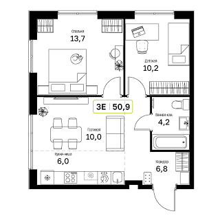 2 комн. квартира, 50.9 м², 16 этаж 