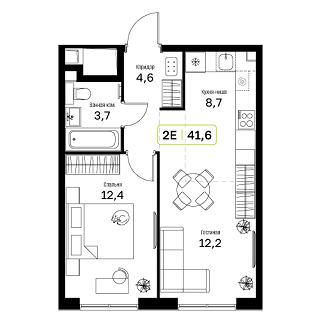 1 комн. квартира, 41.6 м², 3 этаж 