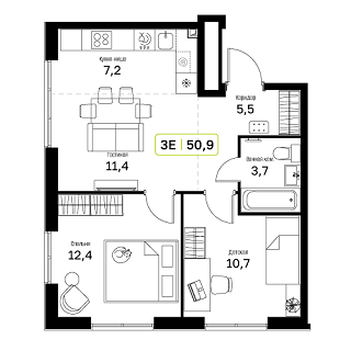 2 комн. квартира, 50.9 м², 7 этаж 