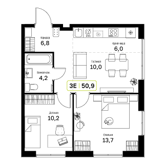 2 комн. квартира, 50.9 м², 2 этаж 