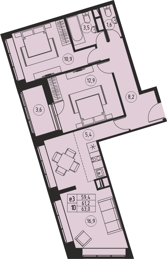 3 комн. квартира, 61.2 м², 11 этаж 