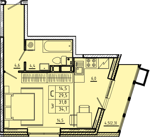 студия, 31.8 м², 2 этаж 