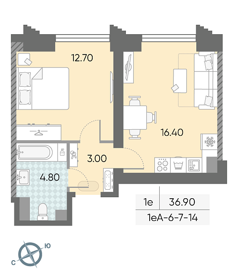 студия, 36.9 м², 9 этаж 