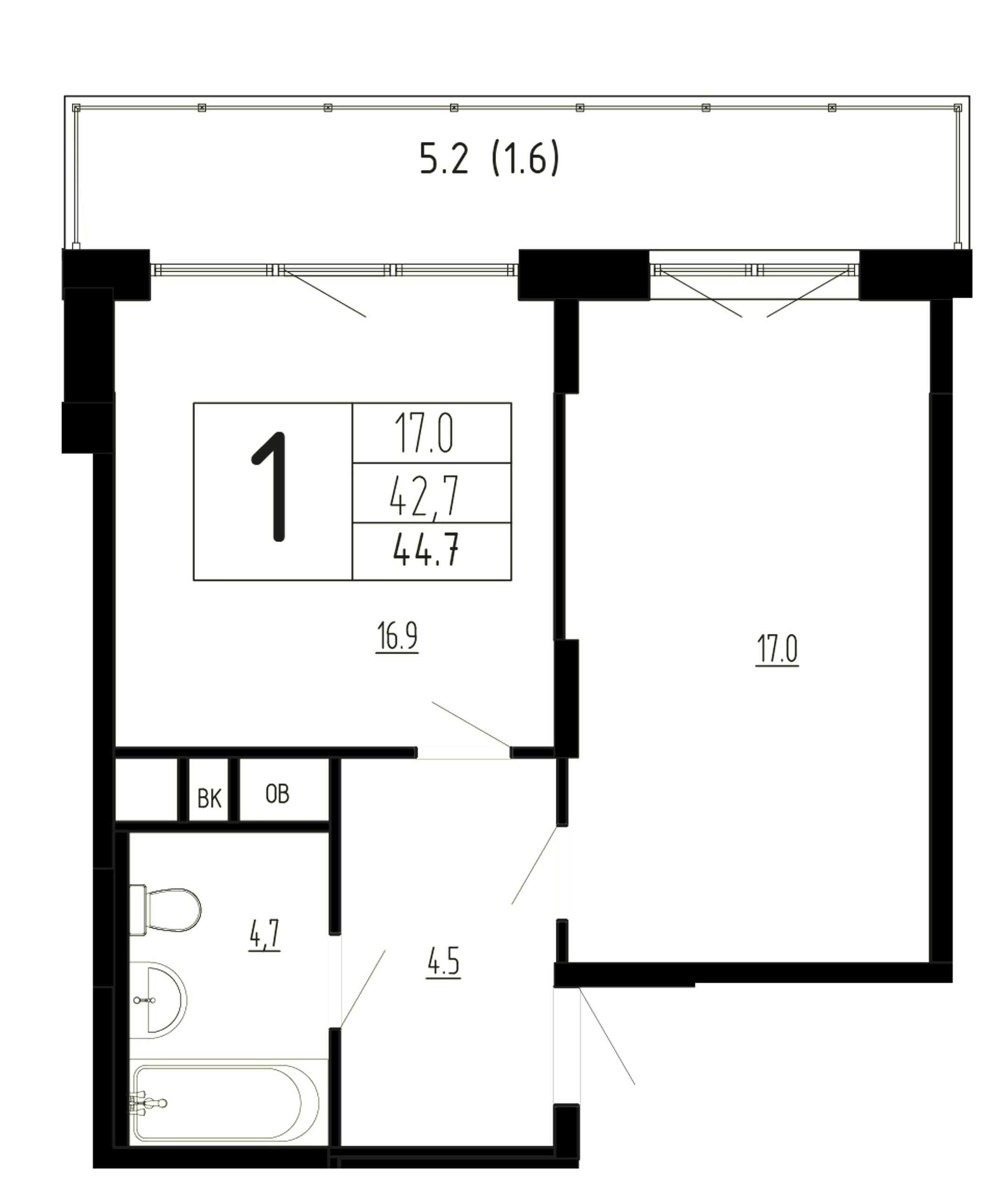1 комн. квартира, 44.7 м², 3 этаж 