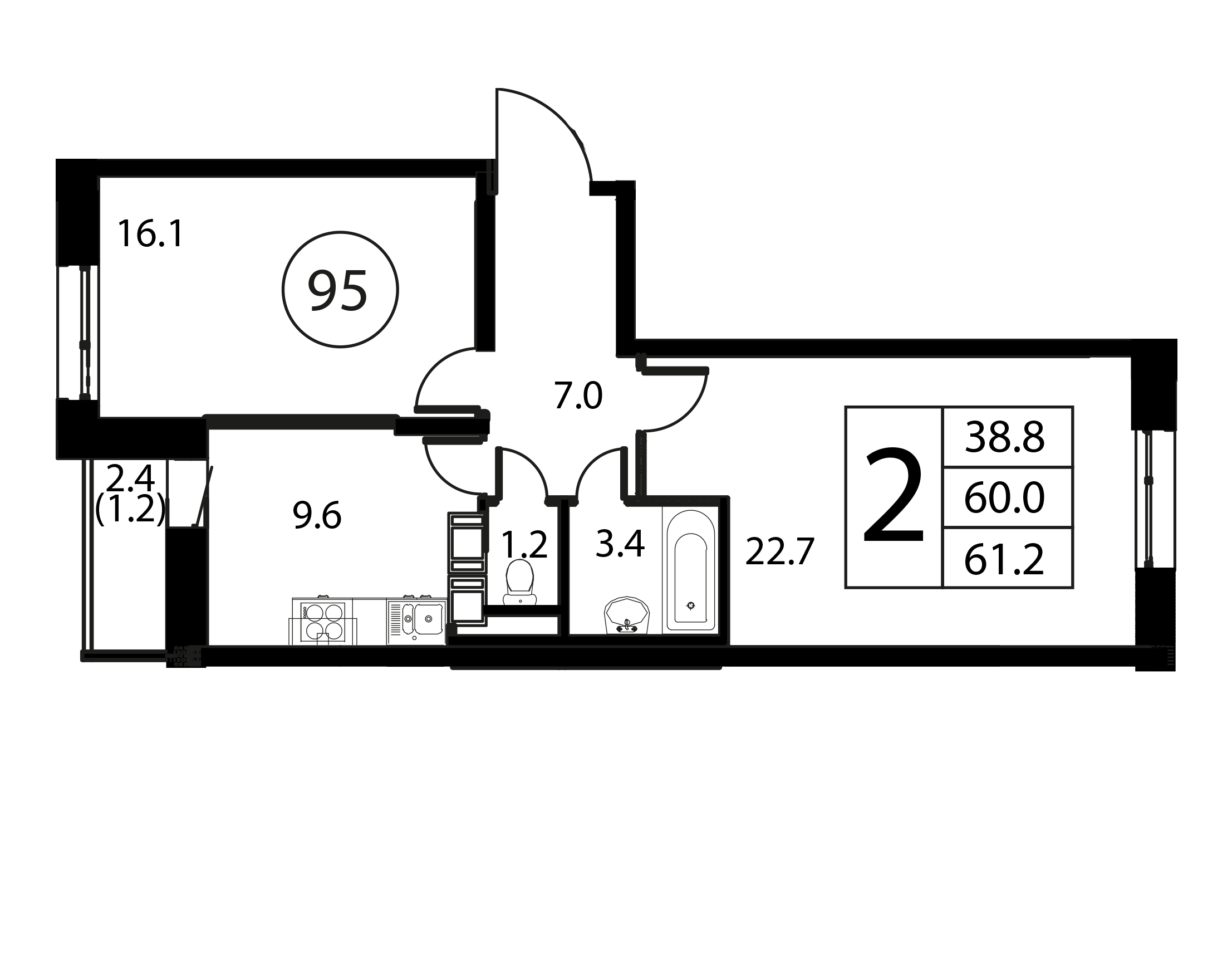 2 комн. квартира, 61.2 м², 12 этаж 