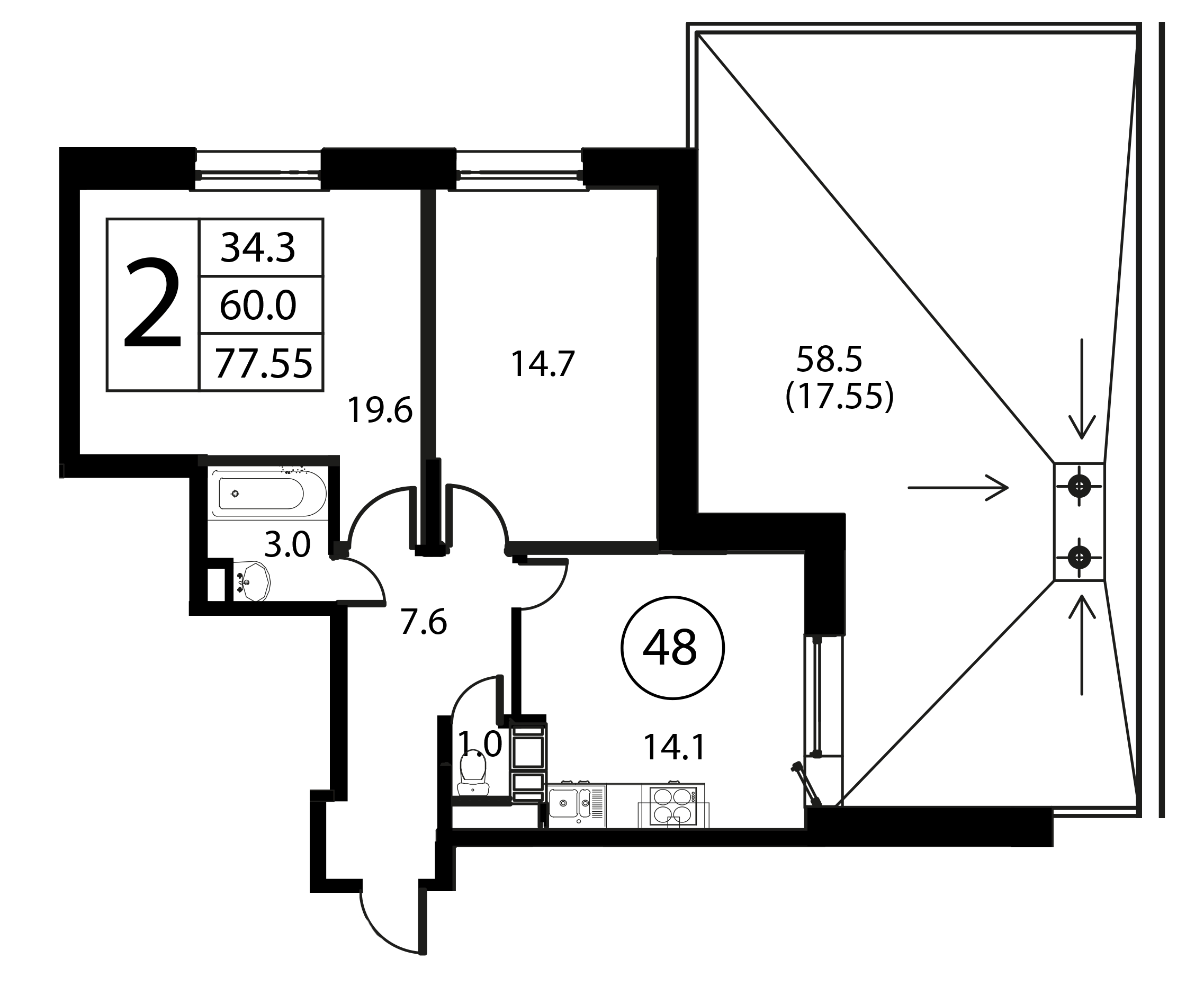 2 комн. квартира, 77.5 м², 2 этаж 