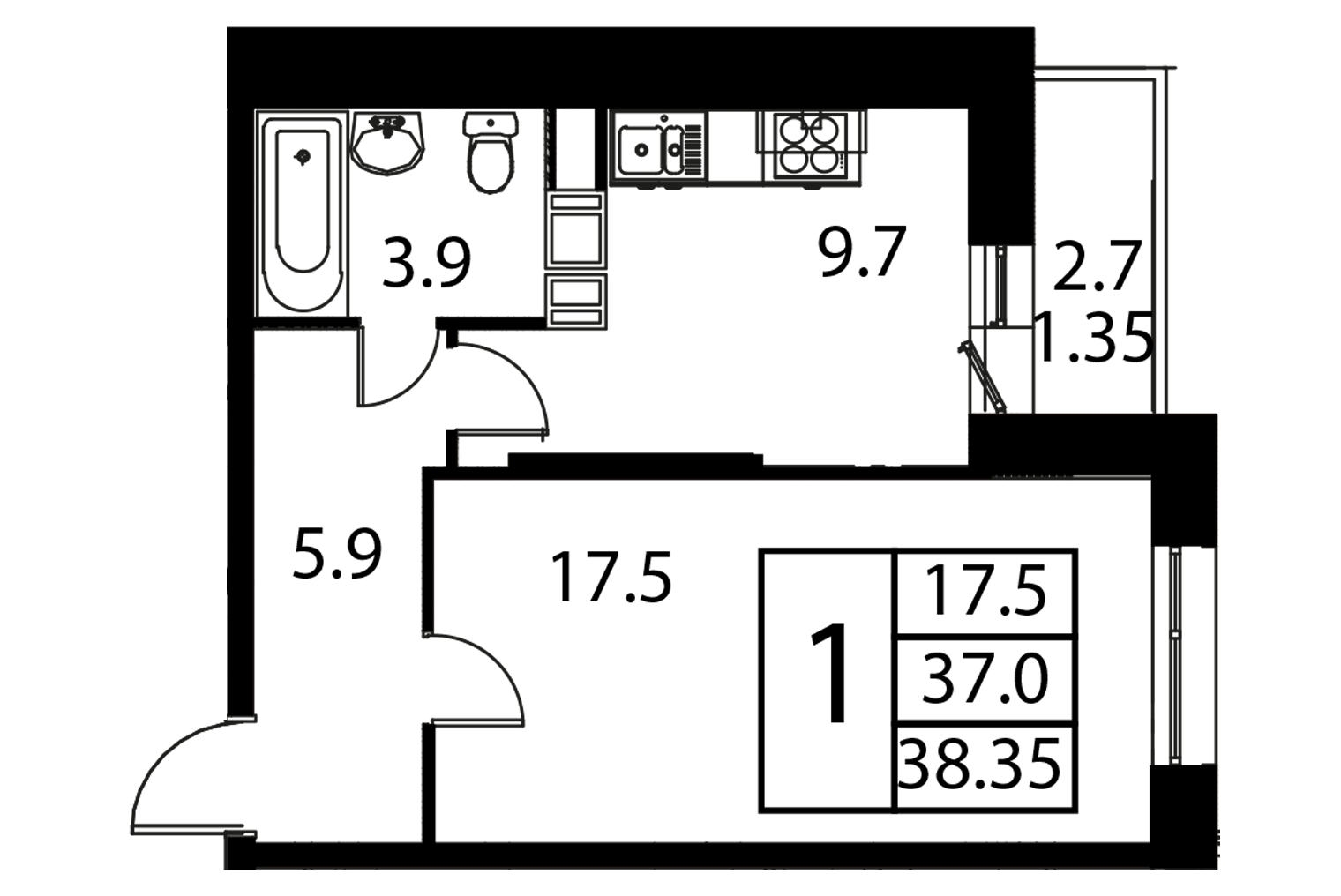 1 комн. квартира, 38.4 м², 6 этаж 