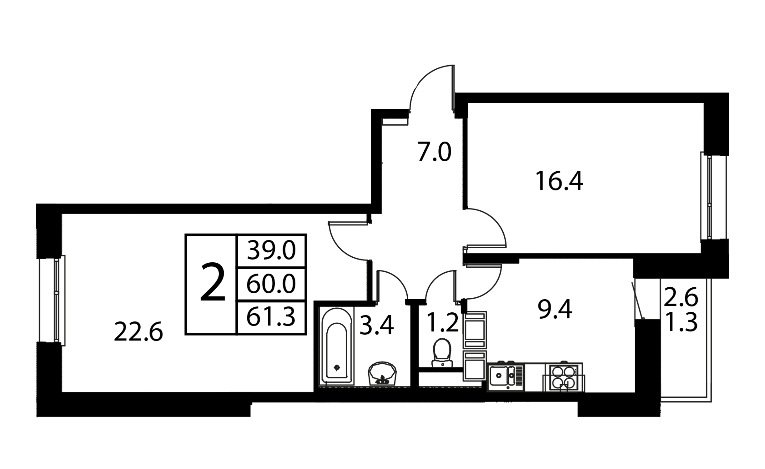 2 комн. квартира, 61.3 м², 2 этаж 
