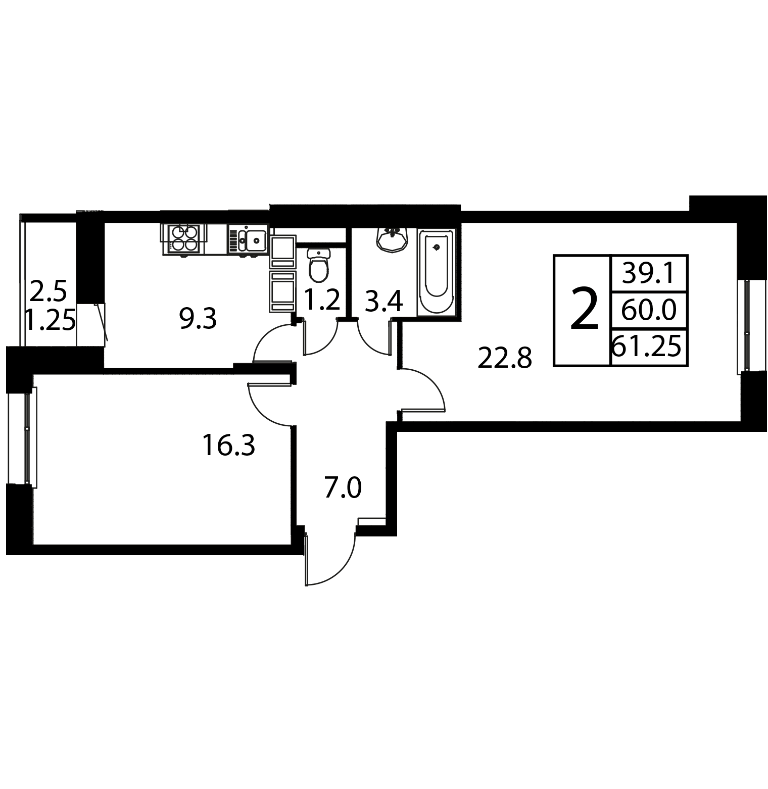 2 комн. квартира, 61.2 м², 3 этаж 