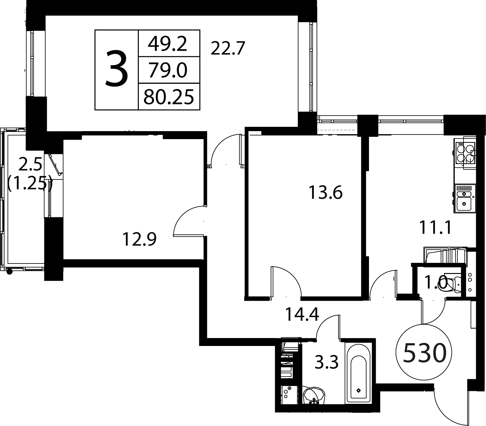 3 комн. квартира, 80.2 м², 3 этаж 
