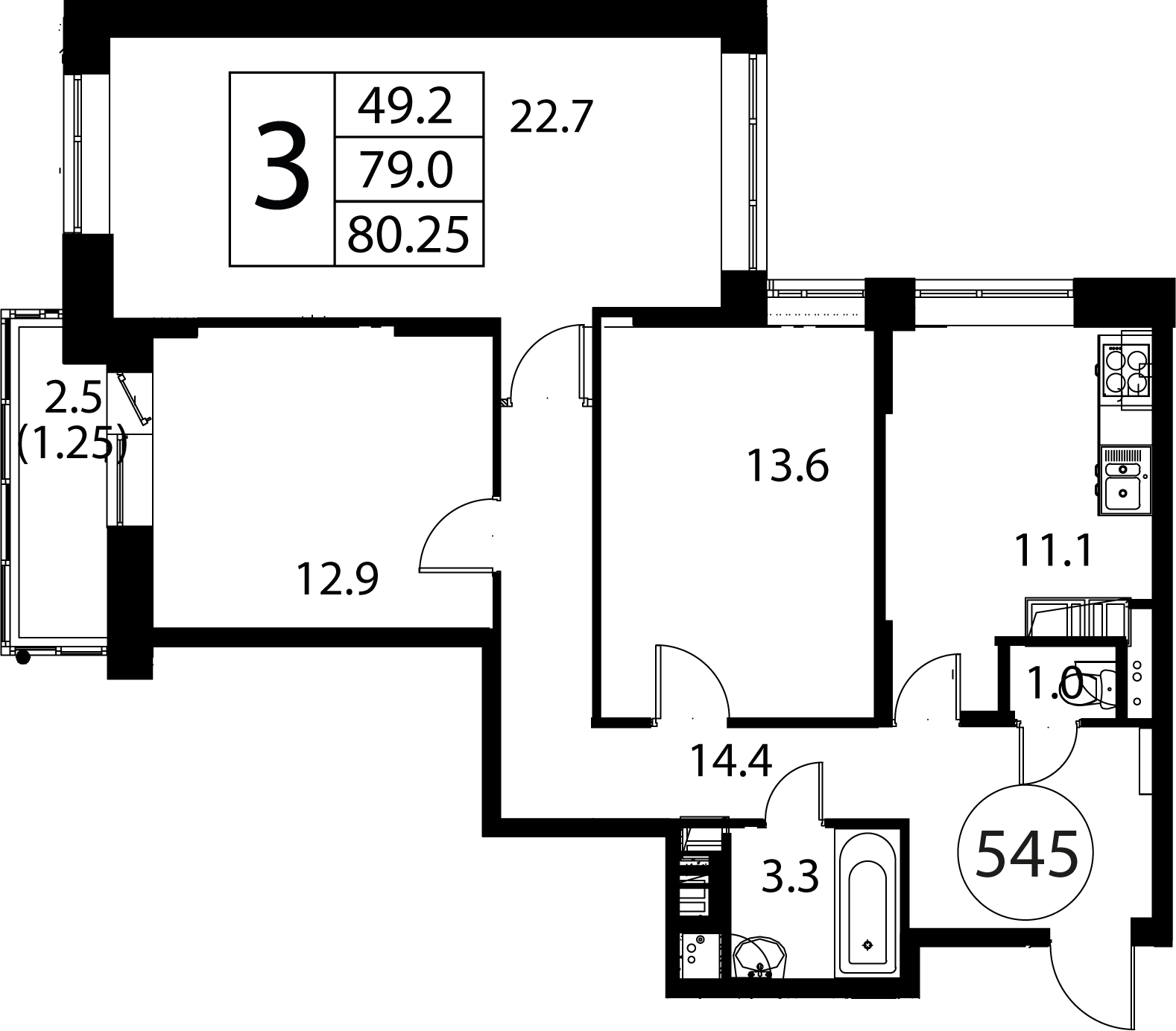 3 комн. квартира, 80.2 м², 6 этаж 