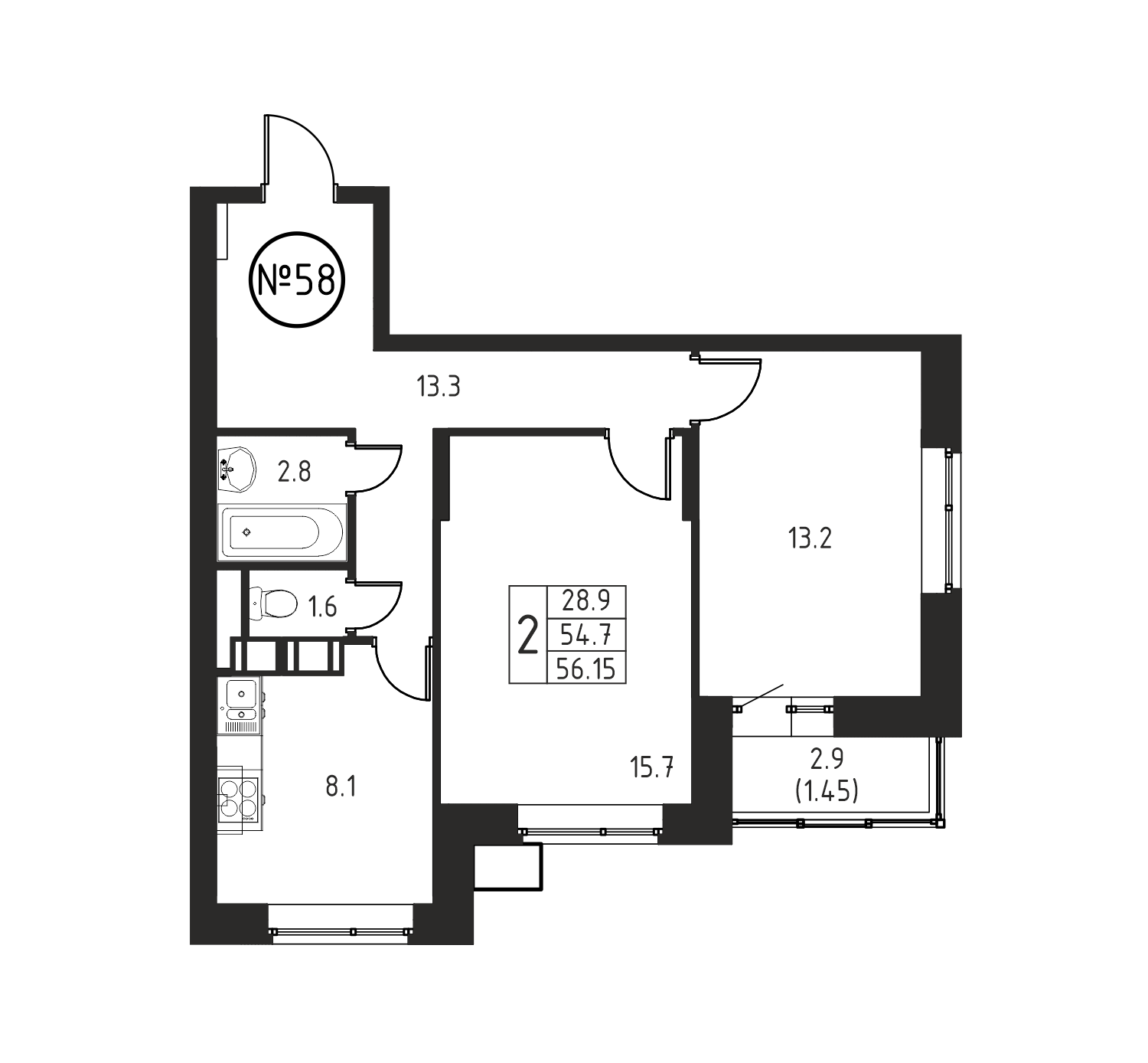 2 комн. квартира, 56.1 м², 7 этаж 