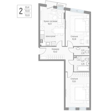2 комн. квартира, 70 м², 2 этаж 