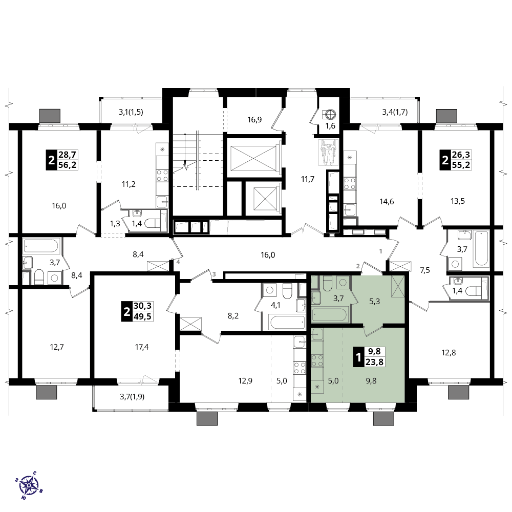 студия, 23.4 м², 2 этаж 