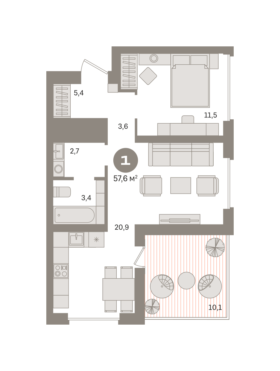 1 комн. квартира, 57.6 м², 13 этаж  (из 29)