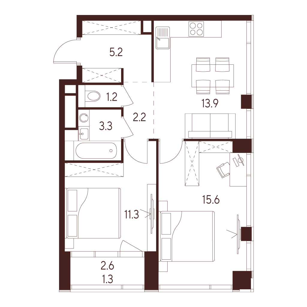 2 комн. квартира, 54 м², 7 этаж 