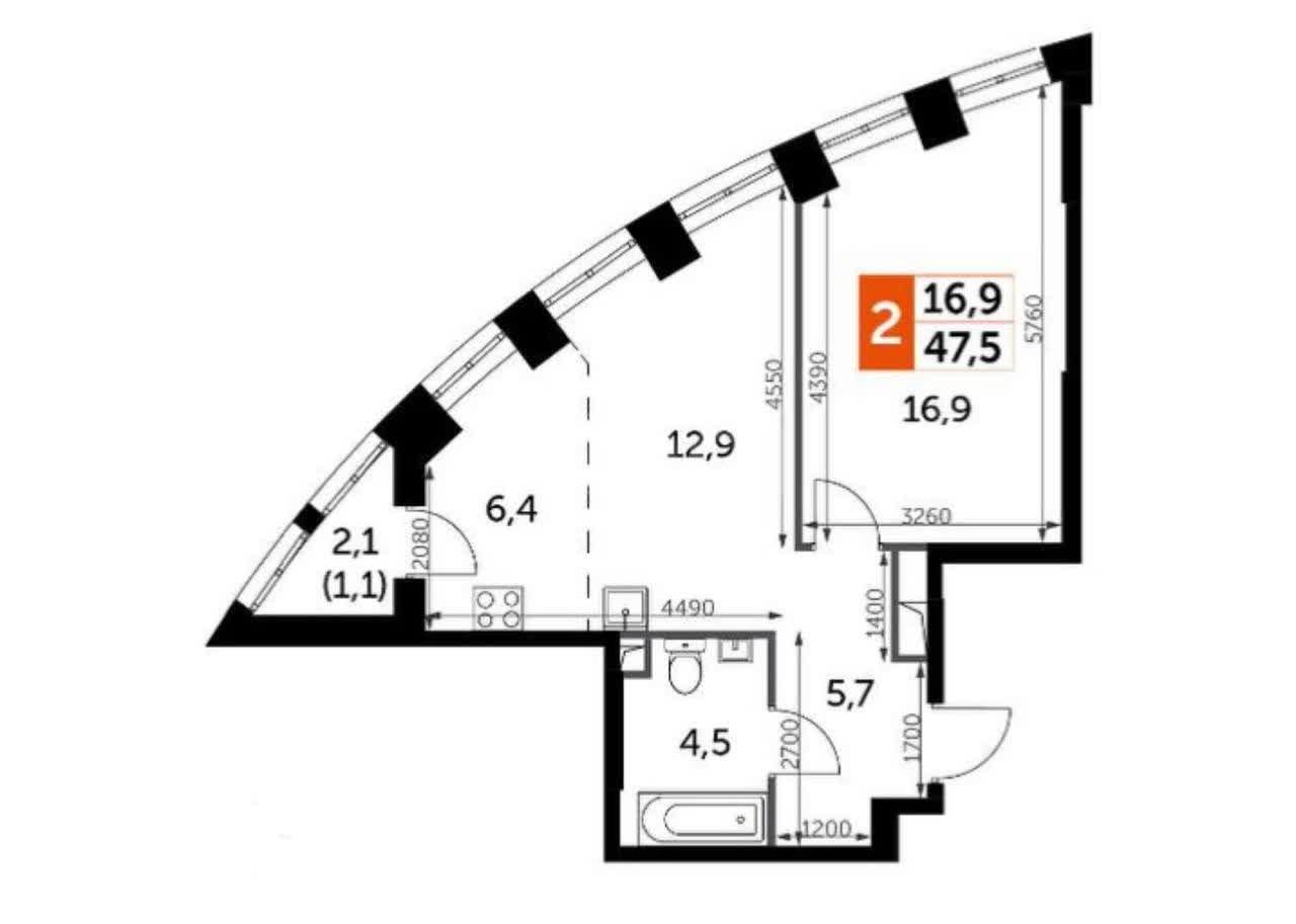 1 комн. квартира, 47.5 м², 9 этаж 